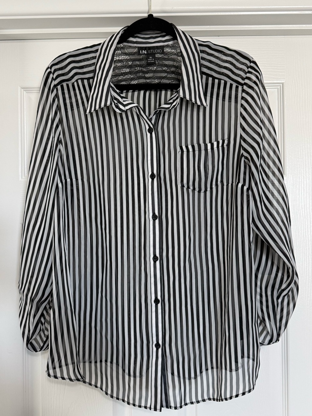 I.N. Studio Black White Sheer Striped Button Up Blouse XL